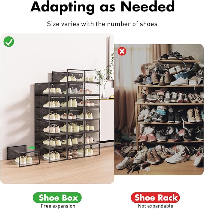 Shoe Storage Box, 15 Pack Clear Plastic Stackable Shoe Organizer for Closet, Interlocking Design for Sneakers, Foldable Shoes Container Rack with Lids, Black