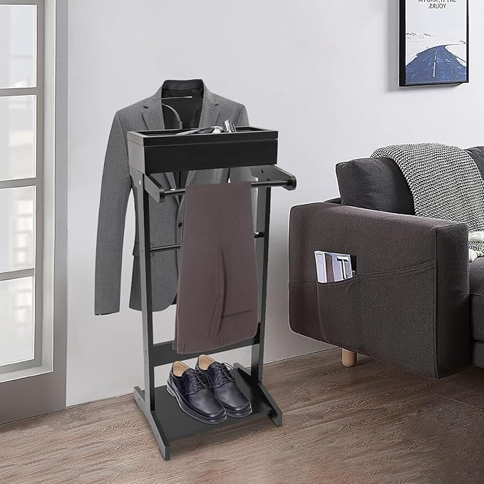 Wooden Suit Valet Stand with Hanger, Bottom Shoe Rack and Storage Organizer, Freestanding Mens Suit Stand, Freestanding Clothes Rack for Bedroom, Entryway, Office, Black