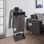 Valet Stand, Wood Suit Rack for Man and Women Freestanding Clothing Suit Stand with Drawer Top Tray Trouser Holder 22 lbs Capacity Coat Stand for Entryway Office Living Room (Black)