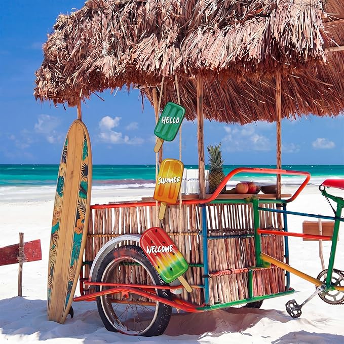 Summer Door Decorations Ice Cream Hanging Sign, Hello Summer Welcome Wood Hanging Wreath Sign, Watercolor Vintage Porch Wall Decor, 26.2 x 10.2 Inch Wooden Wreath for Front Door Indoor Outdoor