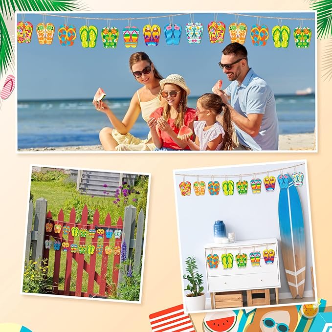 Geelin 36 Pcs Summer Wood Hanging Ornaments for Tree Mini Tree Decorations Hawaiian Beach Wooden Pendant Decorations with String for Luau Party Supplies(Slipper)