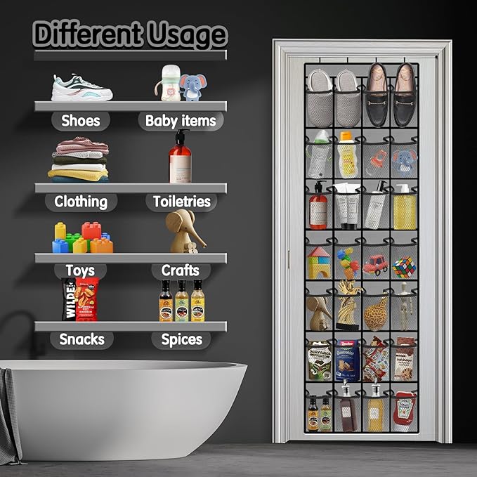 28 Compartment Over the Door Shoe Organizer, Breathable Mesh Large Shoe Rack for Closet Storage, Space Saving Hanging Shoe Holder with Reinforced Hooks (Fits Men & Women,Gray-01)
