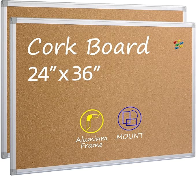 2-Pack Cork Board Bulletin Board 24 x 36, Silver Aluminium Framed 2x3 Corkboard, Office Board for Wall Cork, Large Wall Mounted Notice Pin Board