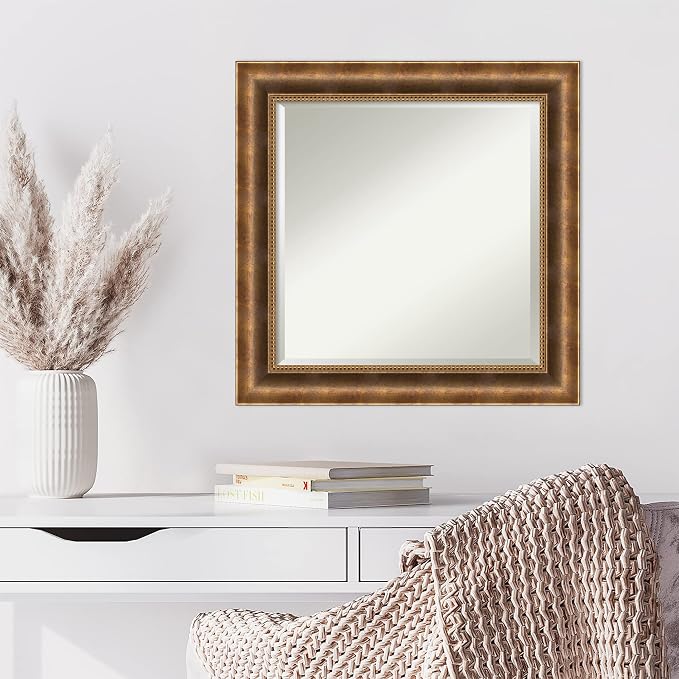 Amanti Art Bronze Wall Mirror 25x25 Manhattan Bronze Square Bathroom Mirror for Wall Decor Living Room, Medium Traditional Wood Frame, Hangs Horizonally and Vertically, Bathroom Decor, Beveled Edge