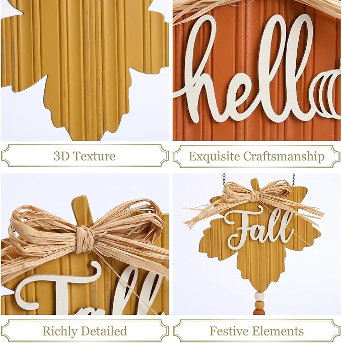 Valery Madelyn Fall Decorations for Home, Fall Wall Decor with Pumpkin and Maple Leaf, Rustic Farmhouse Fall Wreaths, Wooden Pumpkin Decor for Thanksgiving Autumn, 21 inch
