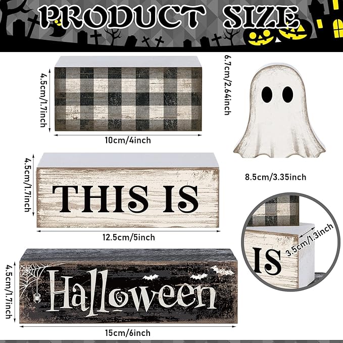 Lineshading 4 Pcs Ghost Halloween Decor Black and White Halloween Tiered Tray Decor Ghost Table Centerpiece Decorations Rustic Wooden Block Sign Gift for Home Shelf Kitchen Coffee Bar