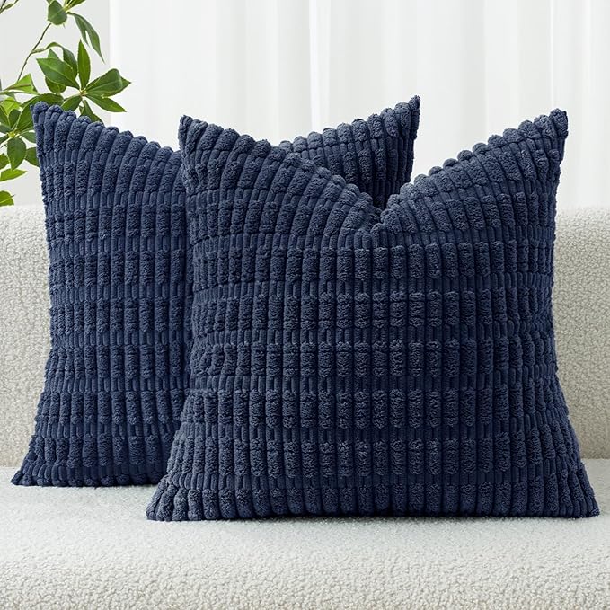 MIULEE Pack of 2 Corduroy Decorative Throw Pillow Covers 16x16 Inch Soft Boho Striped Pillow Covers Modern Farmhouse Home Decor for Summer Coastal Sofa Living Room Couch Bed Dark Blue