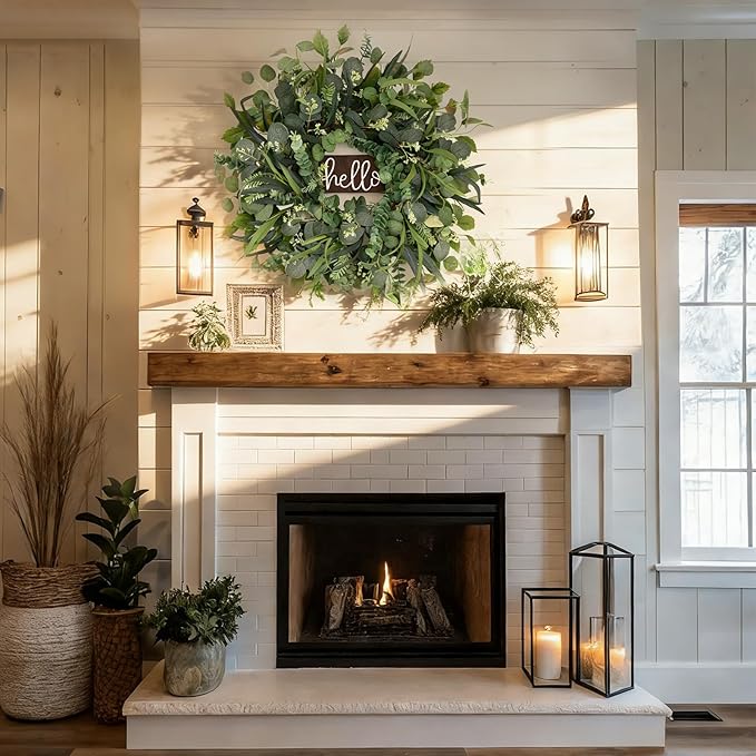 24" Eucalyptus Wreath with Hello Sign for Front Door, All Seasons Greenery Wreath, Artificial Eucalyptus Wreath for Farmhouse Porch, Window, Wall, Year Round Spring Summer Outdoor & Indoor Home Decor
