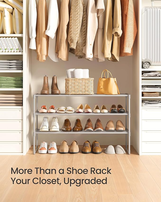 SONGMICS Shoe Rack, 3-Tier Shoe Organizer, Metal Storage Shelf, Upright or Upside Down, for 16-20 Pairs, Stackable, for Entryway, 11.8 x 36.2 x 21.7 Inches, Gray ULSA303G01