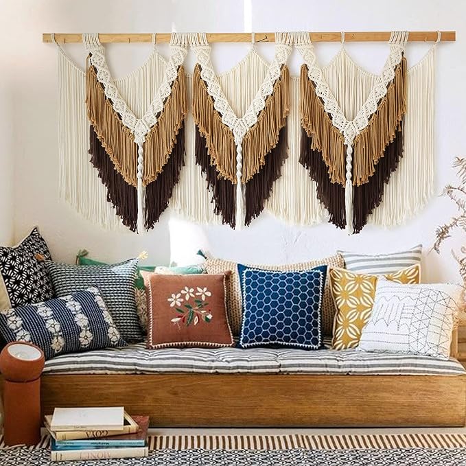 IOWER Macrame Wall Hanging Boho Wall Hanging Brown Dorm Wall Decor Craftsmanship Handmade Tassel Knotting Boho Fiber Art Home Room Decor 47" W x 25" L