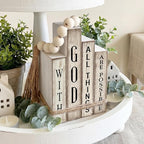 Lineshading 4 Pcs Christian Table Decor Wooden Book Stack Decor with God All Things are Possible Farmhouse Centerpiece with Beaded Garland Tassel Christian Home Decorations for Office, Shelf, Gift