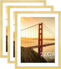 22x28 Picture Frame Gold Set of 3, Display Pictures 18x24 with Mat or 22 x 28 Without Mat, Poster Frames 22x28 for Wall Hanging Horizontal and Vertical