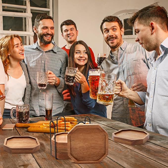 Cute Rustic Farmhouse Wooden Cup Coaster Set of 6 Cool Bar Drink Coasters with Holder Acacia Wood Coasters for Coffee Table Desk Decorative Outdoor Modern Coaster Home Decor Beverage Accessories Gift