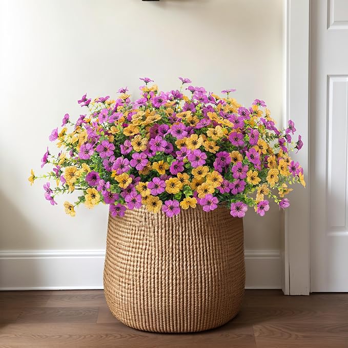 Artificial Fake Mums Flowers for Outdoor Spring Summer Decor, 12 Bundles Faux Silk Plants Daisy for Planter Pot Colorful UV Resistant Look Real for Front Door Porch Patio Outside Yard(Purple Yellow)