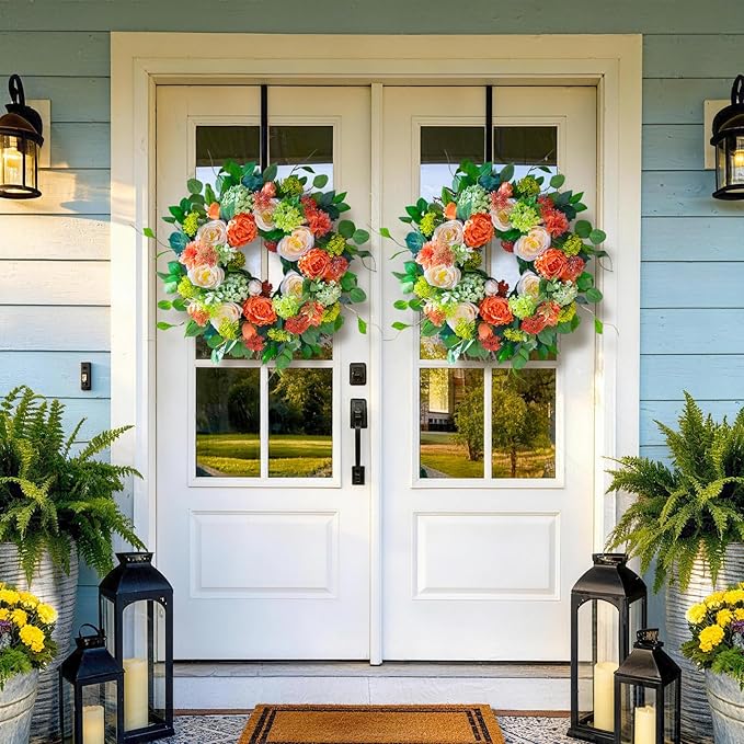 Spring Wreaths for Front Door Outside 24 Inch Luxury Summer Wreath with White Rose Flowers,Pink Dahlia & Green Hydrangeas,Lush Greenery Spring Front Door Wreath for Home,Wall,Porch Decor