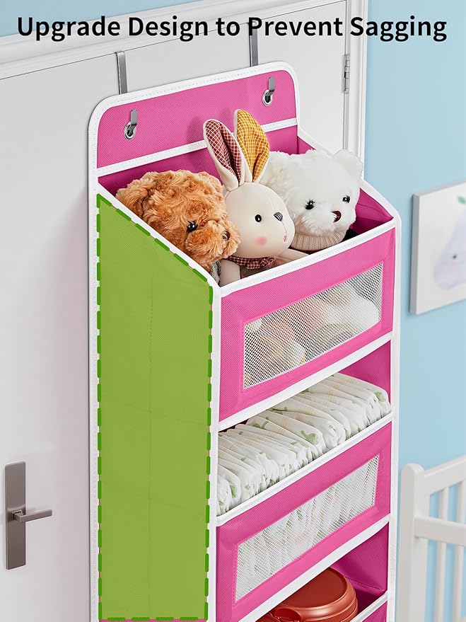 JARLINK Over The Door Organizer Storage, 5 Shelf Hanging Door Organizer with 5 Large Capacity Pockets, Anti Tilt 44 lb Load Behind Door Storage for Bedroom, Bathroom, Pantry, Nursery, Rose Pink