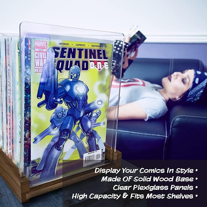 Patented Comic Book Storage Holder – Wooden & Acrylic Display Box/Case for Collectors – Organizer for Comics, Magazines & Books – Holds 150 Issues, 14.5x8 in (Dark Walnut)