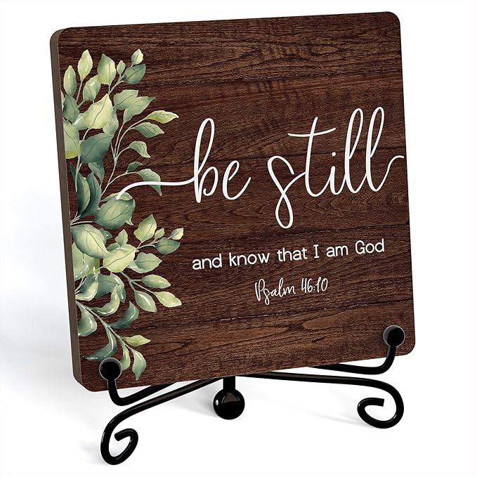 Inspirational Christian Desk Decor, Be Still And Know That I Am God Rutsic Sign, Desk Decorations For Office Home Living Room Bathroom, Eucalyptus Shelf Decor, Wooden Plaque With Stand (05)