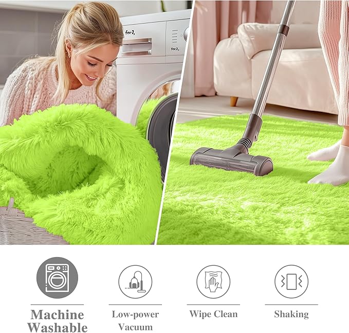 OLANLY Lime Green Round Rugs for Bedroom - Machine Washable, 3 ft Circle Area Rugs for Living Room, Soft and Fluffy Shaggy Carpet for Teen Girl and Boys, Nursery Rooms, Dorms, Home Decor Aesthetic