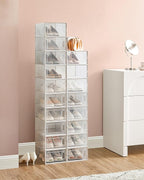 SONGMICS Shoe Boxes, Pack of 18 Shoe Storage Organizers, Stackable Clear Plastic Boxes for Closet, Sneakers, 13.1 x 9.1 x 5.6 Inches, Transparent and White ULSP18SWT