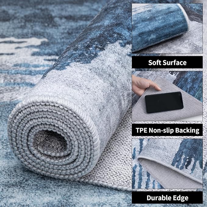 Ciicool Modern Abstract Deep Blue Gray Rug for Living Room, 6'x9' Machine Washable Area Rug Non-Slip Rug, Low-Pile Contemporary Indoor Dining Floor Carpet for Bedroom Office Under Table Home Decor