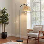 Oneach Arc Floor Lamp for Living Room,Rattan Boho Floor Lamp with Hand-Woven Shade, Foot Switch,Black Metal Base & Pole,Farmhouse Standing Lamp for Bedroom Corner,Reading