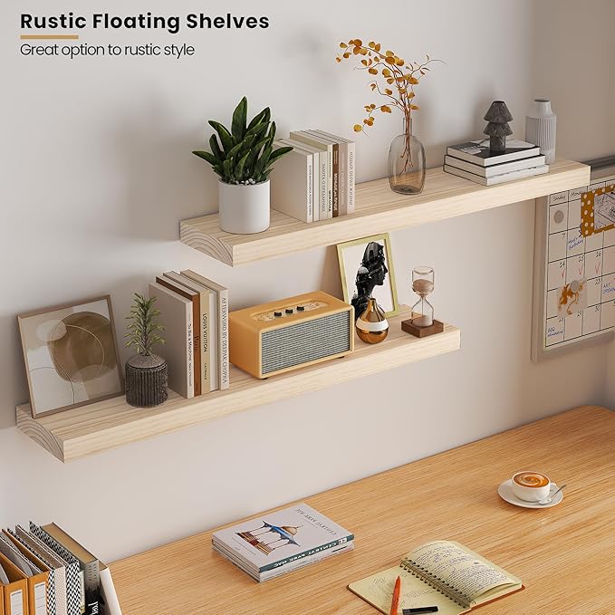 Vivelove Natural Wood Floating Shelves 36”，8 inch Deep Floating Shelf with Invisible Brackets, Unfinished Wall Shelves for Living Room, Bathroom, Kitchen, Bedroom, Home Decor, Set of 2 - Natural