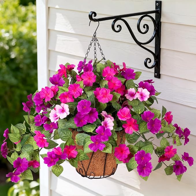 3 Bundles Artificial Fake Flowers for Outdoors with Hanging Baskets Faux Hanging Flowers Plants for Outdoor Planters UV Resistant Silk Flowers for Outside Spring Home Front Porch Garden Décor