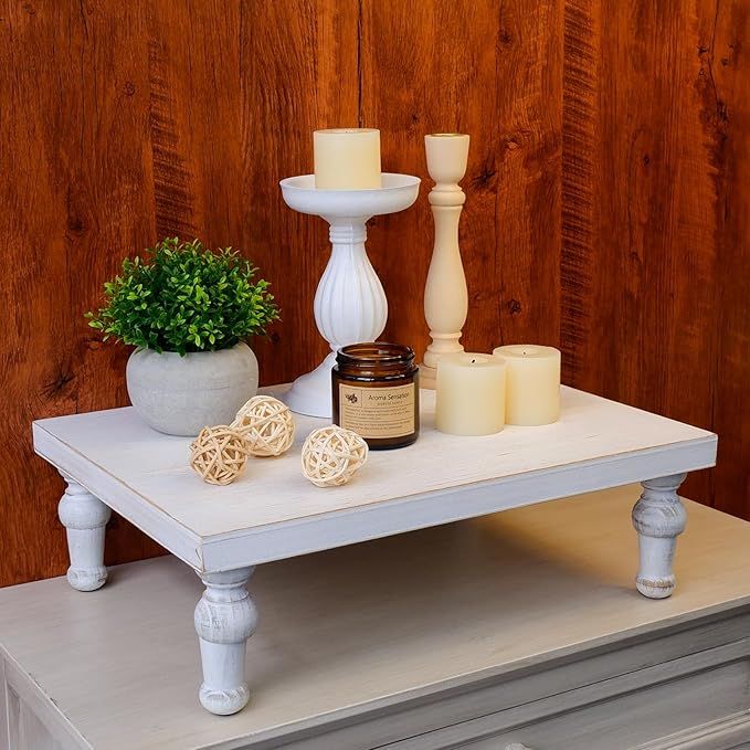 Wooden Riser Decorative Tray, Farmhouse Wood Pedestal Stand, Rustic Whitewashed Tray Riser Display Stand, Coffee Bar, Dining Room, Centerpiece, Kitchen, Bathroom Table Decor (Washwhite)