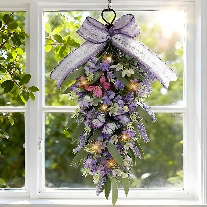 Jusdreen LED Teardrop Floral Wreath with Butterflies, Faux Lavender Hanging Decor with Lights for Farmhouse Home