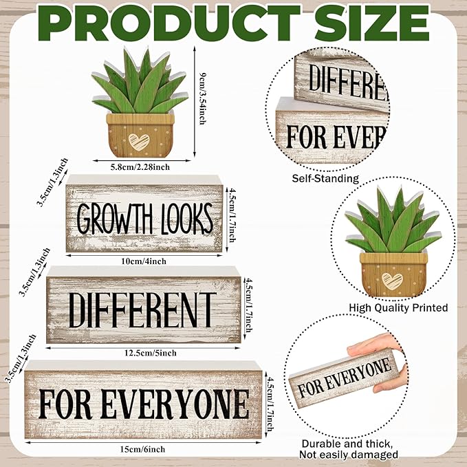 Lineshading 4 Pcs Inspirational Farmhouse Table Decor Growth Looks Different for Everyone Rustic Stacked Wooden Block Signs with Inspirational Quote Artificial Succulent for Home, Office, Shelf Gift