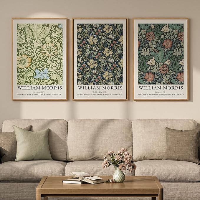 Large Framed William Morris Green Wall Art Set of 3, Vintage Floral Canvas Picture Paintings for Walls, Rustic Botanical Floral Artwork Prints for Living Room, Bedroom, Dining Room, Hallway, Office Wall Decor, Total Size 30x60 In