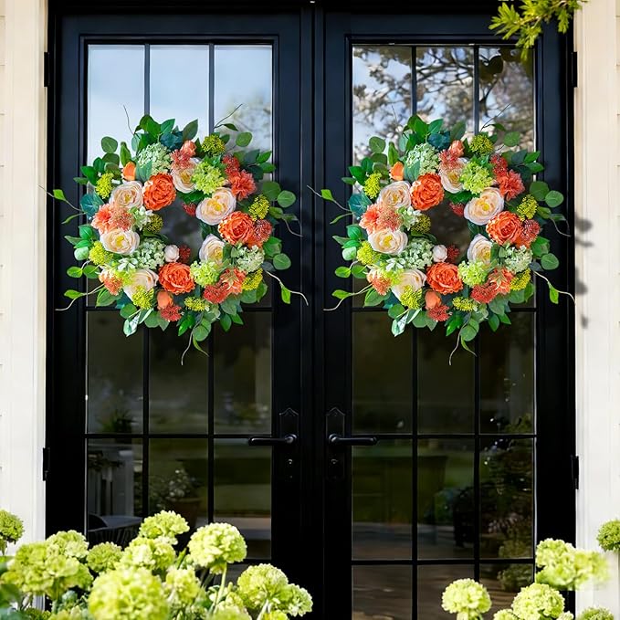 Spring Wreaths for Front Door Outside 24 Inch Luxury Summer Wreath with White Rose Flowers,Pink Dahlia & Green Hydrangeas,Lush Greenery Spring Front Door Wreath for Home,Wall,Porch Decor