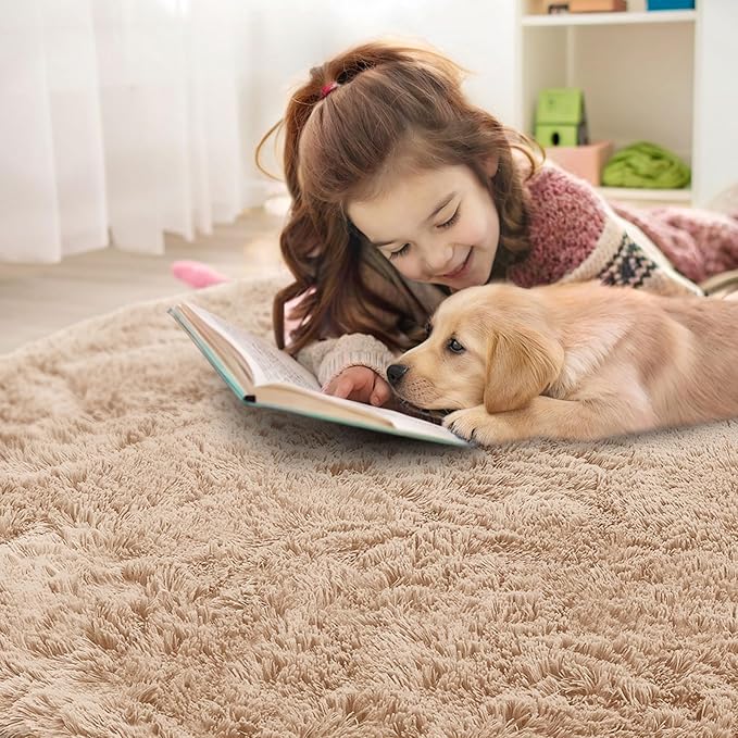 OLANLY Beige Round Rugs for Bedroom - Machine Washable, 8 ft Circle Area Rugs for Living Room, Soft and Fluffy Shaggy Carpet for Teen Girls and Boys, Nursery Rooms, Dorms, Home Decor Aesthetic