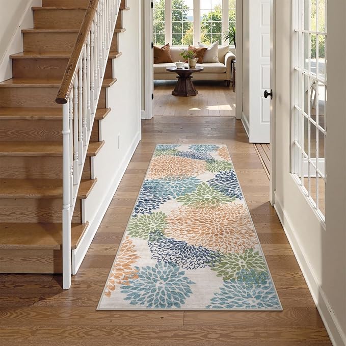 Dahlia Floral Washable Runner Rug for Hallway,2x6 Boho Multicolored Kitchen Runner Rug, Non Slip Fall Low Pile Carpet Runners for Hallway 6ft Bedroom Entryway Laundry,Multi
