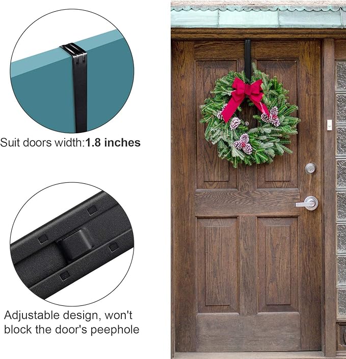 Wreath Hanger Adjustable Door Hanger Wreath Hanger for Front Door 15 to 24inch,Wreath Hook, Hold Up 20lb (Black,1 Pack)