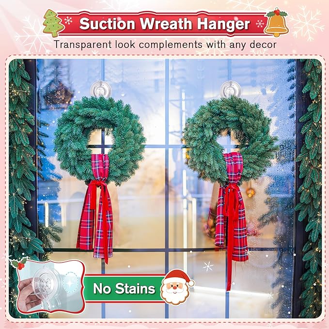 VIS'V Wreath Hanger, Large Suction Cup Wreath Hooks with Wipes, Heavy Duty, 22 LB Capacity, Removable and Reusable, Clear, 6 Pcs