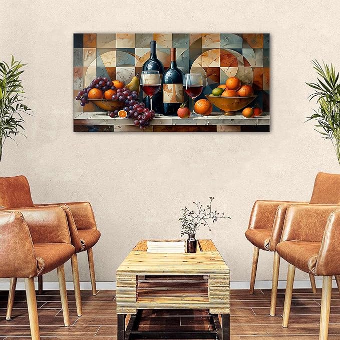 AIYISU Abstract Kitchen Wall Art Geometric Wall Decor Red Wine Glass Fruits Canvas Prints Pictures Rustic Farmhouse Still Life Painting Wine Bar Art for Dining Room Restaurant Home Decorations 24x48