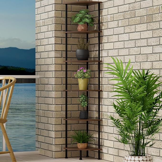 6-Tier Corner Shelf Stand, 65" Industrial Corner Display Rack for Living Room, Bookshelf, Tall Display Shelf, Plant Stand, Storage Standing Shelf for Bedroom, Bathroom, Kitchen, Brown