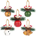 5 Pack Rustic Christmas Bell Ornaments with Pinecones & Berries - Metallic Hanging Decor for Christmas Tree,Mantel,Home (Green,Gold,Red,White)
