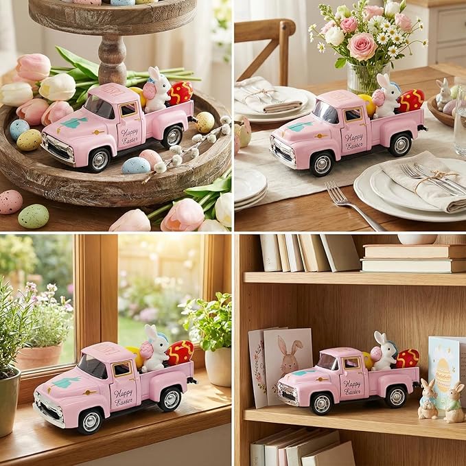Pink Easter Decorations - Mini Farmhouse Vintage Metal Truck with Easter Eggs & Bunny, Pink Spring Farm-Style Pickup Decor for Table Tiered Tray Home Kitchen Office Keepsake Gifts