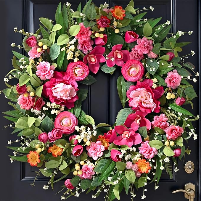 Waipfaru Spring Wreaths for Front Door, 26" Large Spring Summer Easter Wreaths for Front Door with Rose Peony Tulip Magnolia, All Seasons for Indoor Outdoor Farmhouse Home Porch Wall Window Decor