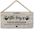 Wall Pediments Shoes Off Sign,Shoes Off Sign for Front Door,Since Little Fingers Touch Our Floor Door Sign,Shoes Off Hanging Welcome Sign for Front Door,12x6 Inches，Wood Grain-6