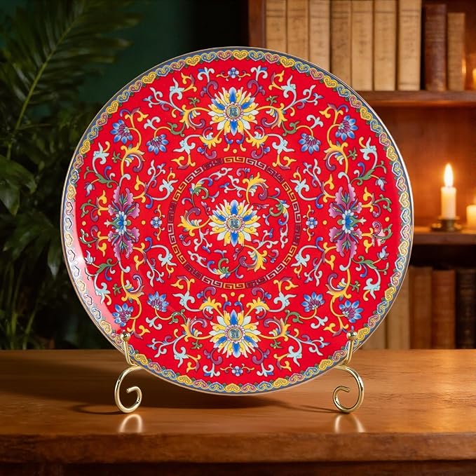 KAMMAK Decorative Plates Set for Display, Red Ceramic Plate Decor with Stand, Handmade Vintage Porcelain Ornament for Table, Living Room, Kitchen, Office, Perfect Chinese Style Dish Gift (8in+10in)
