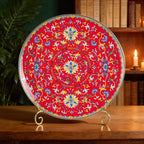 KAMMAK Decorative Plates Set for Display, Red Ceramic Plate Decor with Stand, Handmade Vintage Porcelain Ornament for Table, Living Room, Kitchen, Office, Perfect Chinese Style Dish Gift (8in+10in)