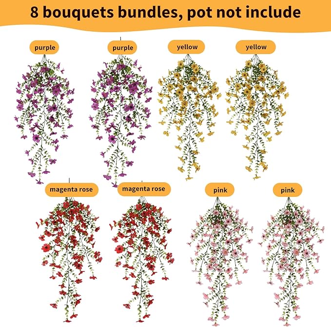 Artificial Hanging Flowers for Outdoors, 8 Pcs Fake Plant for Spring Summer Decoration, UV Resistant Realistic Silk Faux Flowers Outside Indoor Planter Porch Patio Balcony Yard Decor