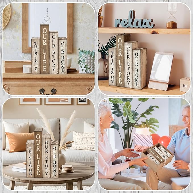 Lineshading 4 Pcs Farmhouse Table Decor Wooden Rustic Our Home Our Story Life Table Centerpiece Farmhouse Book Stack Block Sign for Tabletop Shelf Tiered Tray Desk Living Room Fireplace Home