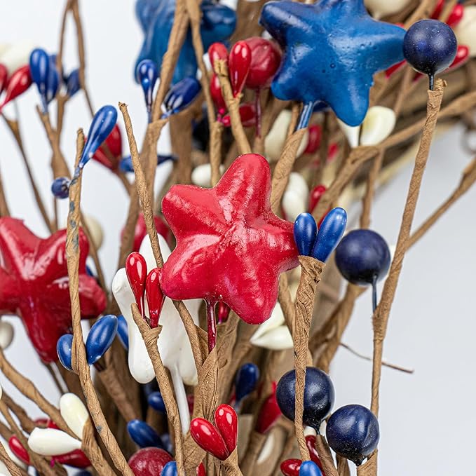 NeoL'artes 20inch Patriotic Wreaths for Front Door, 4th of July Pip Berry Grapevine Wreath White Blue Stars and Berries, Independent Day Porch Door Window Decor