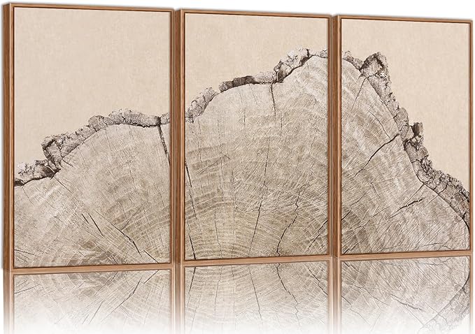 SIGNINART Large Tree Ring Framed Canvas Wall Art Set, Rustic Beige Nature Wooden Wall Decor, Neutral Wood Stump Artwork, Modern Art Prints for Bedroom Living Room Office 24"x36"x3