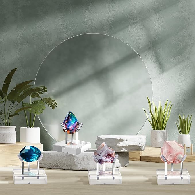 Weysat 4 Pack Clear Acrylic Display Stand, Metal 3 Peg Rock Display Easel Stands for Fossil Coral Crystal Geodes Rock Mineral Agate Small Collectibles Acrylic Holder(2”x2”x2”,Silver)